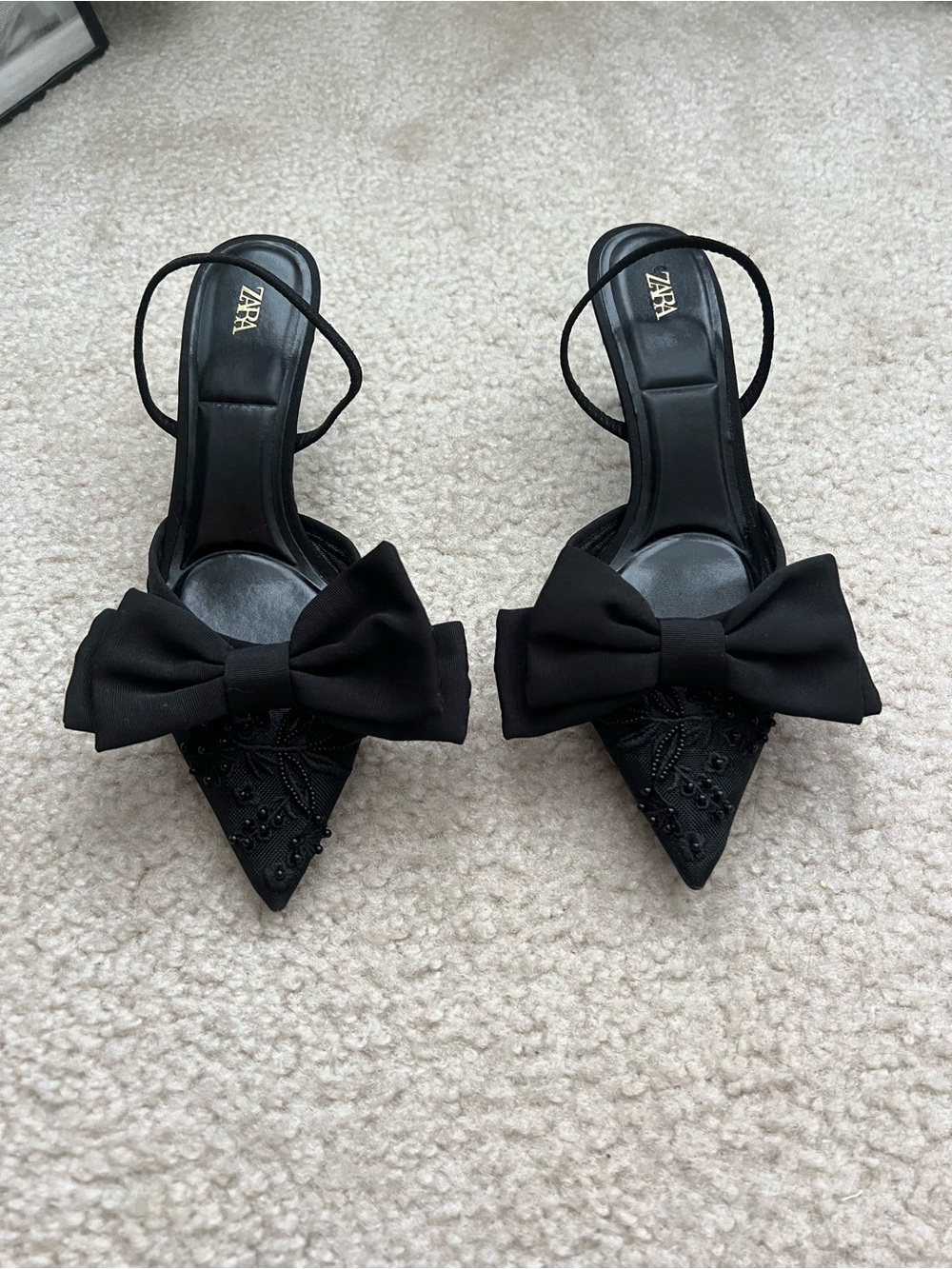 ZARA Black Pointed Toe Slingback Heels with Bow